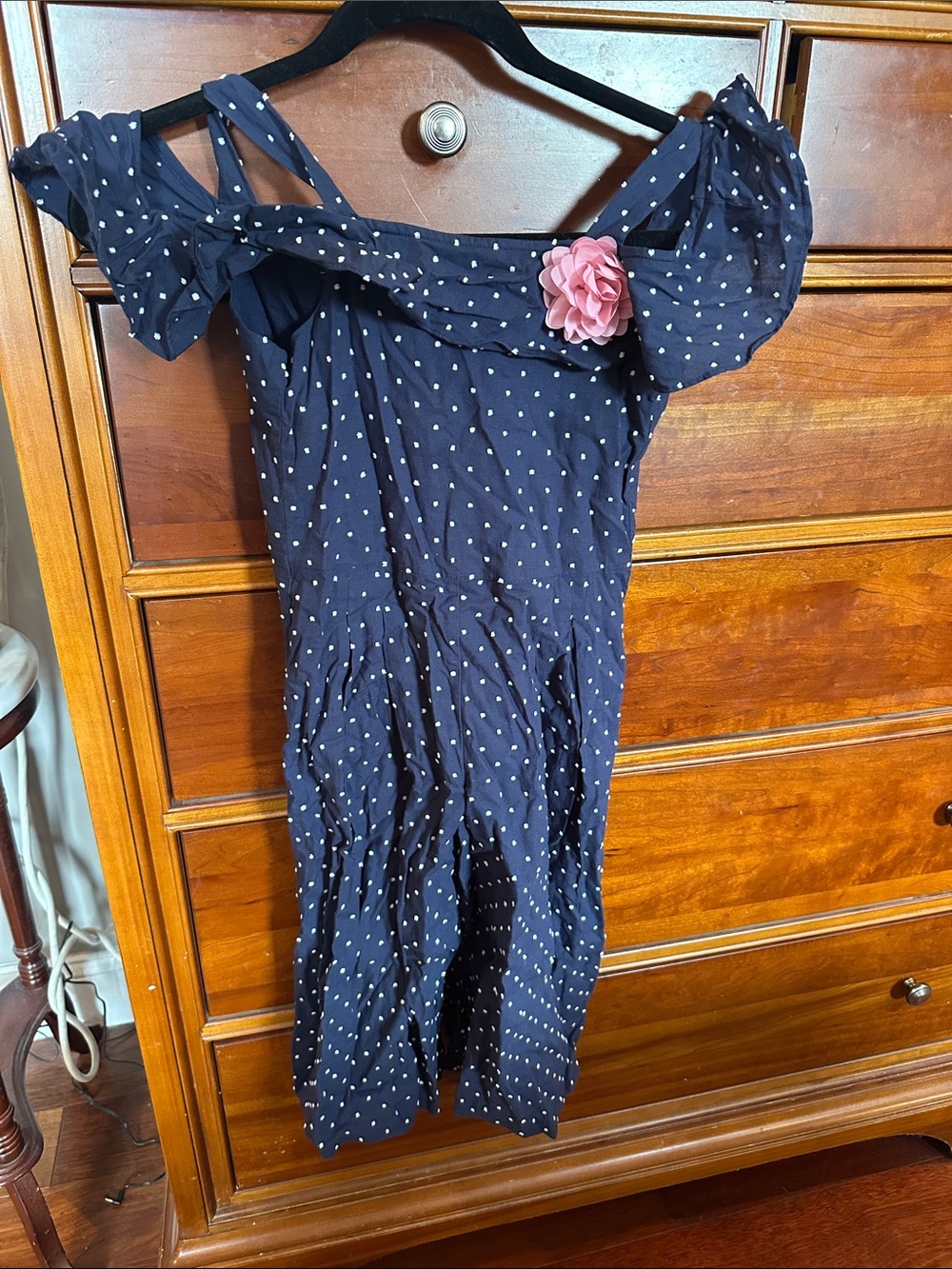 Janie and Jack Navy Polka Dot Off-Shoulder Dress with Pink Flower